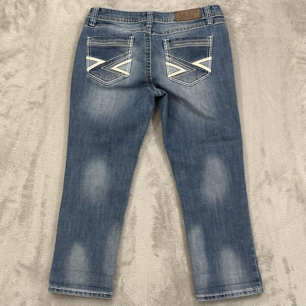 Cowgirl Up Capri‎ Jeans Womens 32 Blue Western Contrast Stitch Stretch Whiskered
